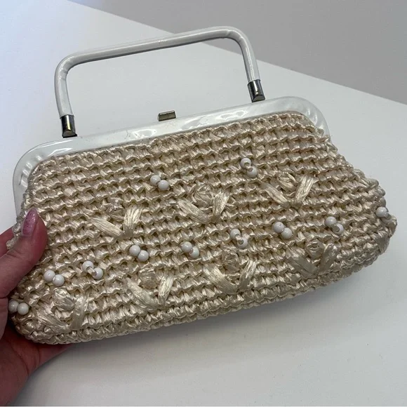 Vintage Rattan Straw Woven Purse Tan White Beaded - Picture 4 of 10
